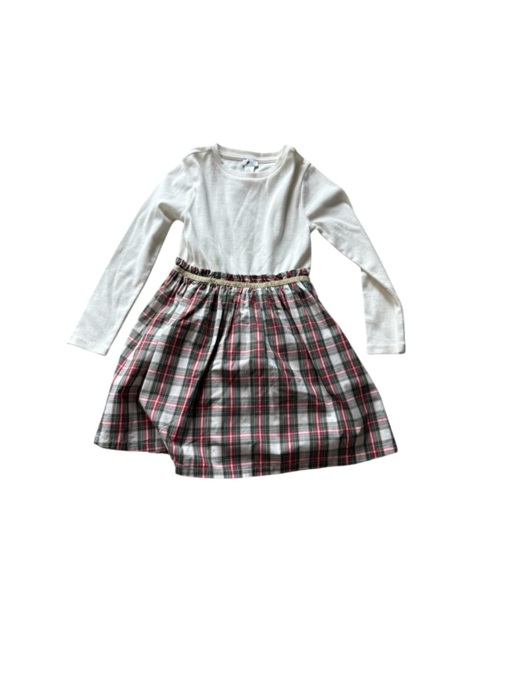 J. Crew Factory crewcuts Cream Long-Sleeve Dress with Red and Green Plaid Skirt